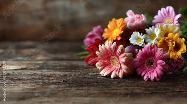 Fototapeta Close-up bunch of fresh colorful flowers on wooden table, empty copyspace on right 