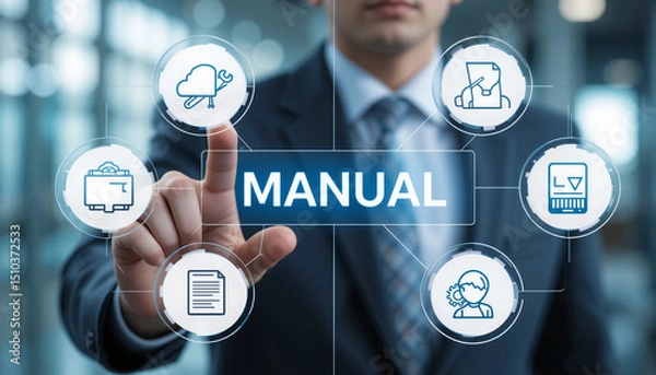 Obraz User manual as knowledge base concept. Guide Instruction. Businessman using virtual touchscreen push manual word
