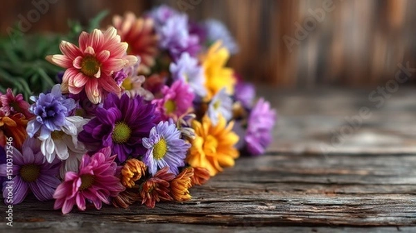 Fototapeta Close-up bunch of fresh colorful flowers on wooden table, empty copyspace on right 