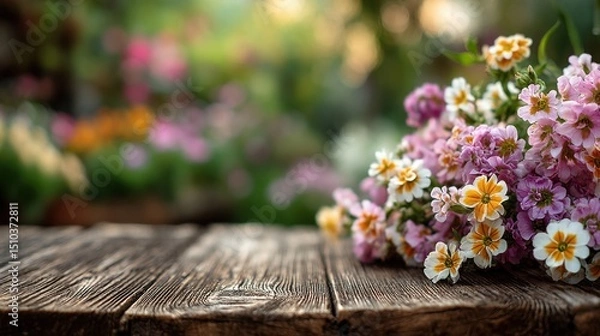 Fototapeta Close-up bunch of colorful flowers on wooden table with blurred garden background, copyspace right