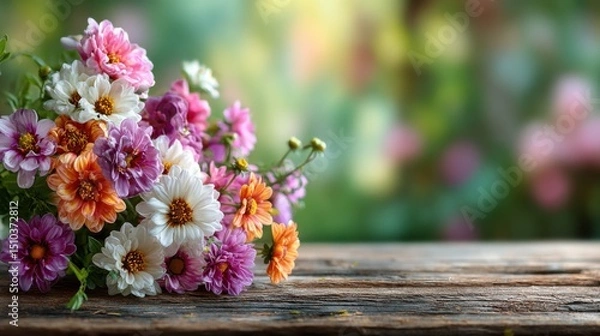 Fototapeta Close-up bunch of colorful flowers on wooden table with blurred garden background, copyspace right