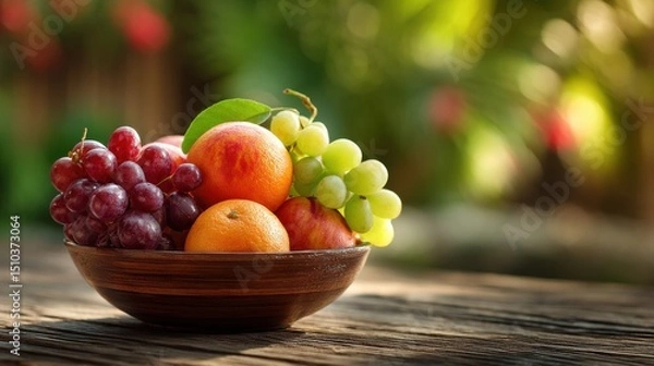 Fototapeta Close-up bowl with apples, oranges, and grapes on wood table in lush garden, copyspace top