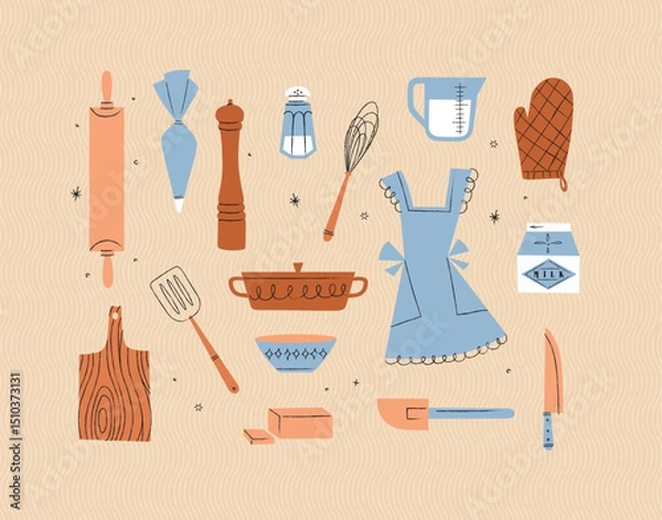 Obraz Kitchen utensils rolling pin, pastry bag, pepper grinder, whisk, measurable cup, oven mitts, spatula, pan, bowl, butter, knife drawing in vintage style on beige background