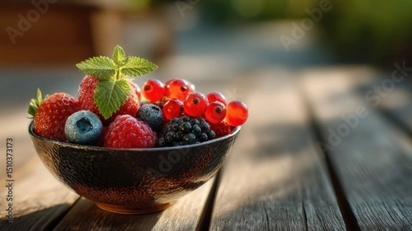 Fototapeta Close-up bowl with apples, oranges, and grapes on wood table in lush garden, copyspace top