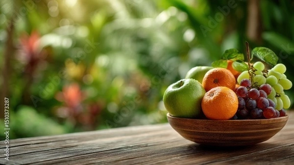 Fototapeta Close-up bowl with apples, oranges, and grapes on wood table in lush garden, copyspace top