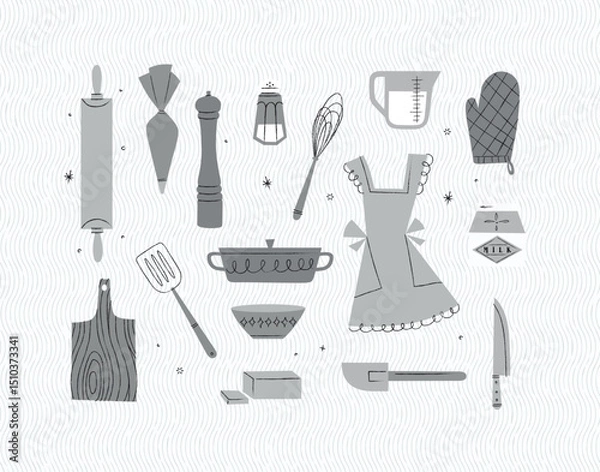 Obraz Kitchen utensils rolling pin, pastry bag, pepper grinder, whisk, measurable cup, oven mitts, spatula, pan, bowl, butter, knife drawing in vintage style on grey background