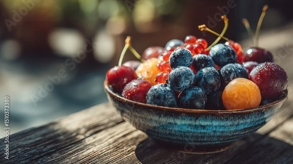 Fototapeta Close-up bowl of fresh mixed fruits on rustic wooden table in garden, copyspace on right 