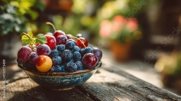Fototapeta Close-up bowl of fresh mixed fruits on rustic wooden table in garden, copyspace on right 