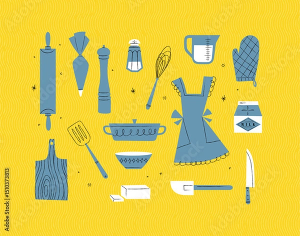 Obraz Kitchen utensils rolling pin, pastry bag, pepper grinder, whisk, measurable cup, oven mitts, spatula, pan, bowl, butter, knife drawing in vintage style on yellow background