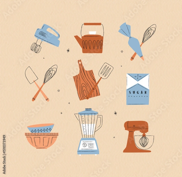 Obraz Kitchen appliances mixer, teapot, pastry bag and whisk, sugar pack, bowl, blender illustrations drawing in vintage style on beige background