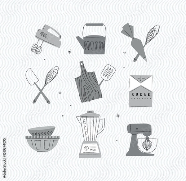 Obraz Kitchen appliances mixer, teapot, pastry bag and whisk, sugar pack, bowl, blender illustrations drawing in vintage style on grey background