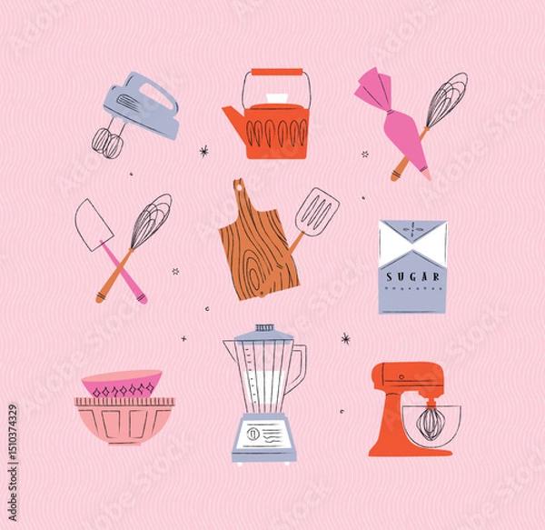 Obraz Kitchen appliances mixer, teapot, pastry bag and whisk, sugar pack, bowl, blender illustrations drawing in vintage style on pink background