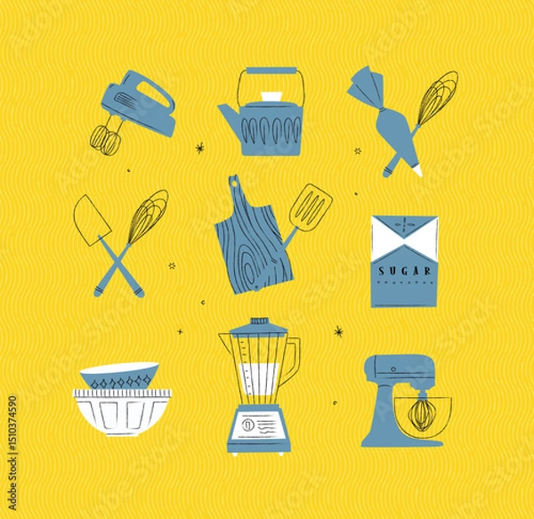 Obraz Kitchen appliances mixer, teapot, pastry bag and whisk, sugar pack, bowl, blender illustrations drawing in vintage style on yellow background
