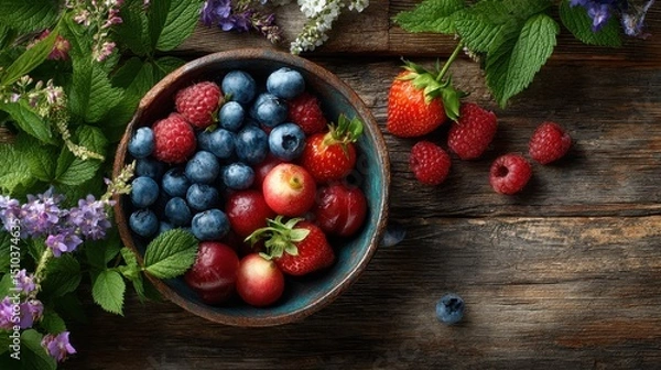 Fototapeta Bright summer fruits in bowl on wooden table surrounded by garden plants, copyspace top