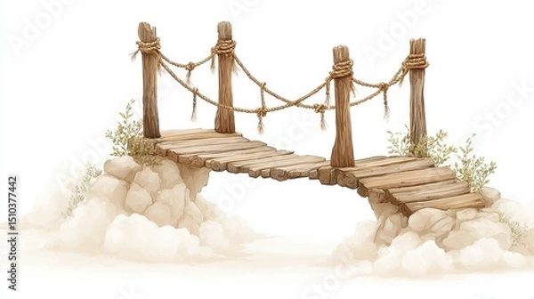 Obraz A small, rustic wooden bridge with rope handrails sits in a cloudy landscape.