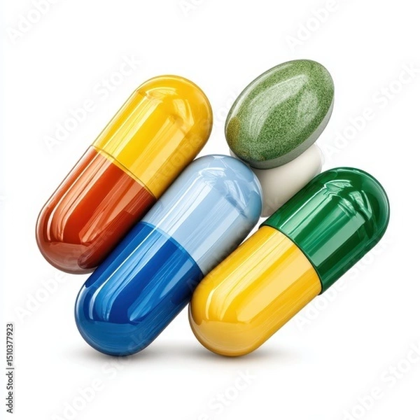 Fototapeta Multicolored assortment of pharmaceutical pills and capsules on white surface