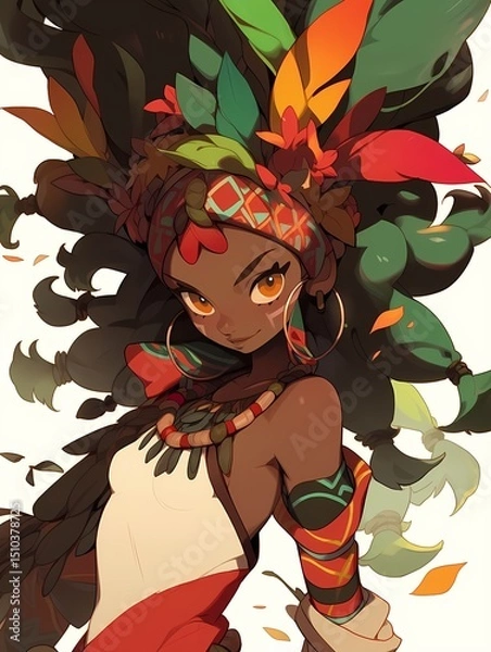Obraz A vibrant, tropical-inspired animated character illustration, with dark skin and hair adorned with colorful feathers and leaves, wearing a bold outfit with intricate designs.