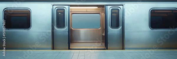 Fototapeta Modern subway train doors open to welcome passengers at urban transit station