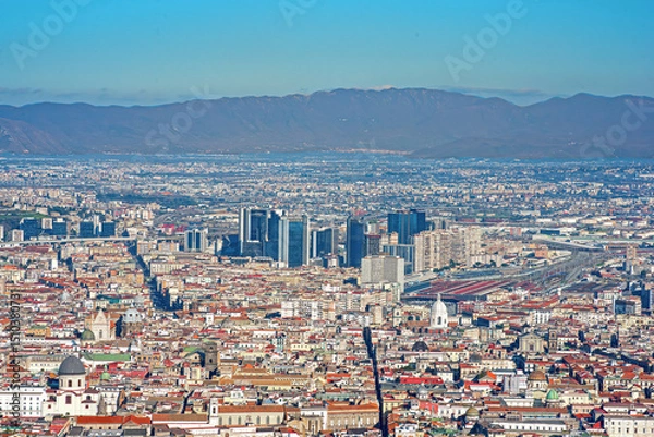 Fototapeta Panoramic view of the metropolitan area of Naples, the suburbs and the mountains to the northeast of the city.