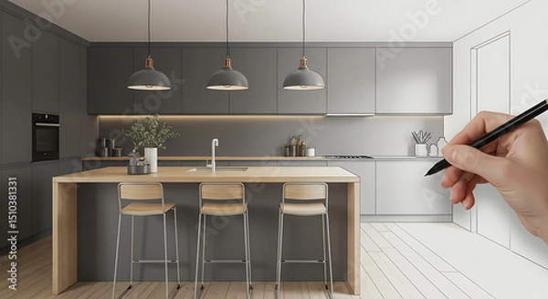 Fototapeta Modern Kitchen Design Concept Drawing Process Render Sketch