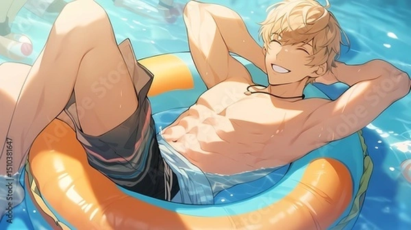 Obraz Young man with blonde hair and muscular build lying relaxed in swimming pool, smiling, enjoying sunlight