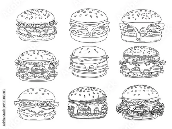 Obraz fast food set. doodle burger pattern background.set of  doodle fast food burger. Burger  seamless pattern background. seamless pattern of hamburger in doodle style. Seamless Pattern of a Cheese Burger