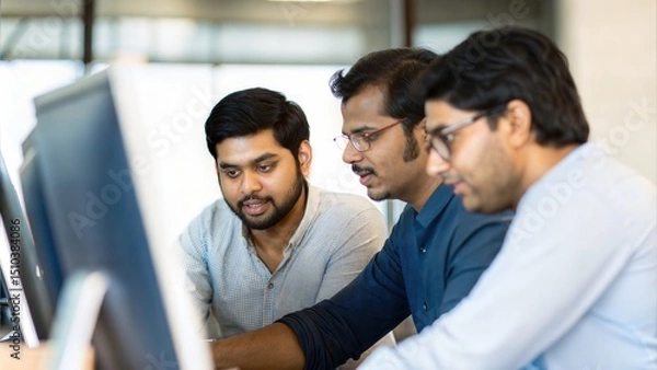 Obraz Group of Indian Employees Analyzing Business Data on Screens
