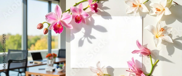 Fototapeta Bright floral arrangement beside blank A4 paper in modern office, creativity
