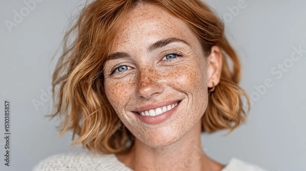 Obraz Portrait of a beautiful smiling woman with freckles and red hair against a plain background