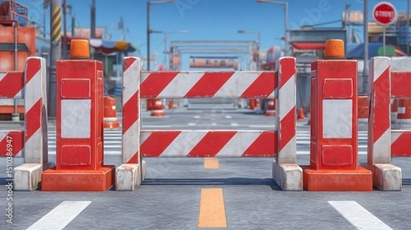 Obraz Road under construction with barricades blocking the way on a sunny day showcasing caution