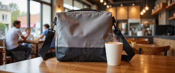 Fototapeta Stylish diaper bag with steaming coffee in urban café, modern lifestyle