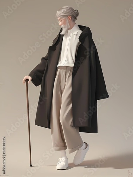 Fototapeta An elderly man with a white beard and mustache, wearing a white shirt and beige pants, holds a cane and wears a long brown coat, looking to his left.