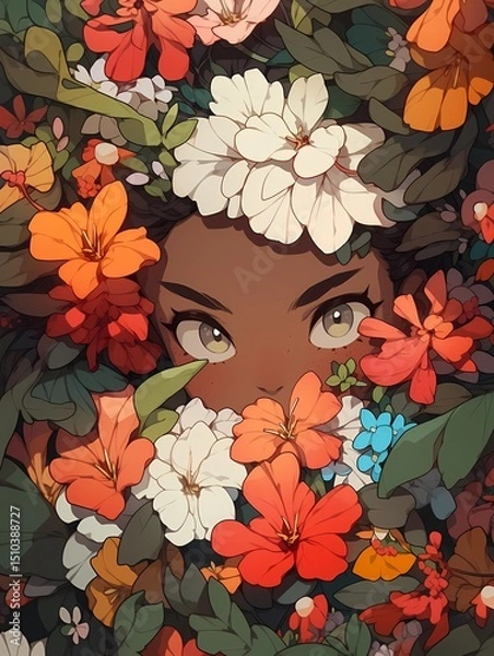 Obraz A person with dark skin and freckles is partially hidden behind a vibrant array of red, orange, and white flowers, with a white flower in their hair, set against a lush green background.