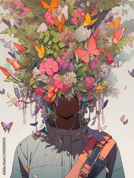 Obraz Person with dark skin, grey jacket, eyes covered with colorful flowers and leaves, surrounded by butterflies.