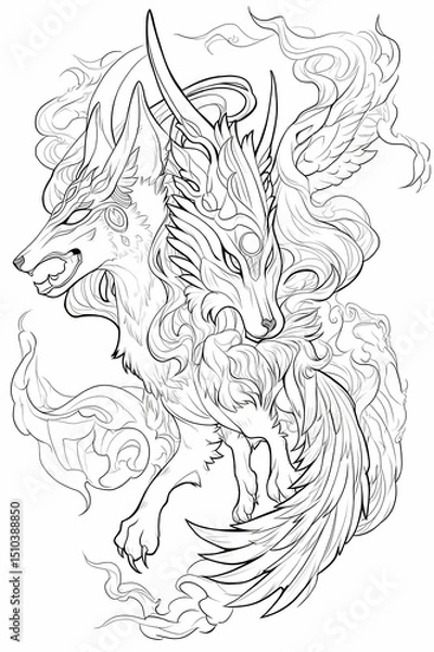 Obraz Two mythical creatures, wolf body bird head, monochrome line art, fantasy beasts, intricate designs, contrasting poses, anime illustration.