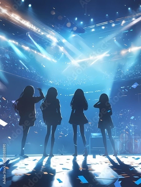 Fototapeta Four female figures in silhouette against vibrant blue lit stage, surrounded by crowd and confetti, bathed in energy of live concert.