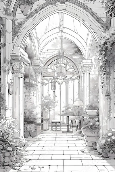 Obraz A serene monochromatic garden room with a high arched ceiling, stone pillars, and lush greenery, perfect for quiet contemplation or reading amidst natural light and rustic charm.