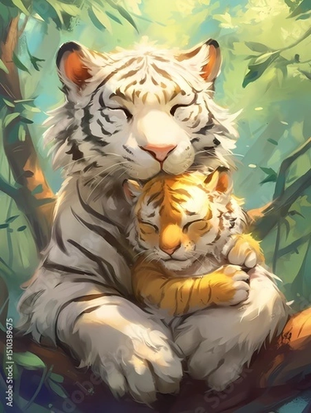 Fototapeta Anime mother tiger and cub in forest