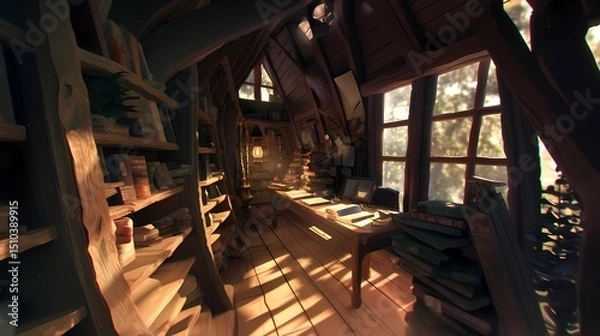 Fototapeta A cozy cabin room with natural sunlight, a desk with open notebook and book stack, and a bookshelf with ladder, exuding tranquility and intellectual pursuit.