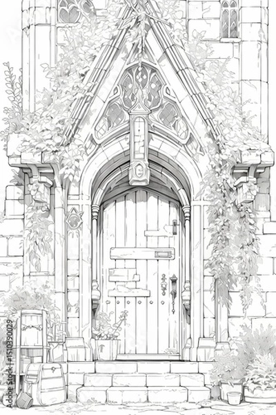 Obraz Grand entrance with ornate archway, carvings, vines, potted plant, stone door.