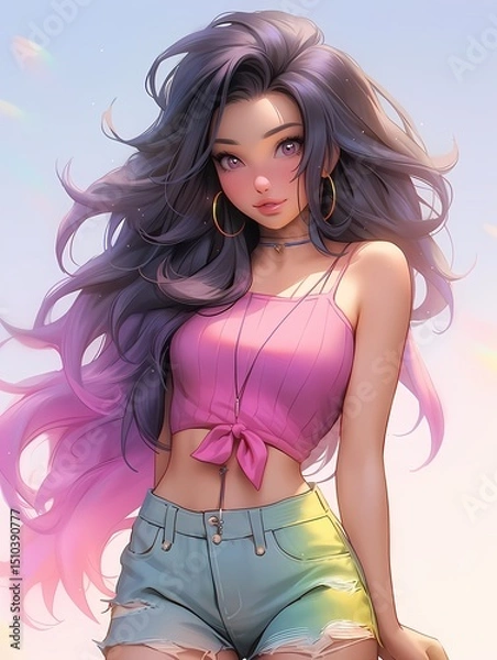 Obraz Anime style illustration of a confident, purple-haired character with pink crop top and denim shorts, jewelry, posing against a serene pink and blue sunset background