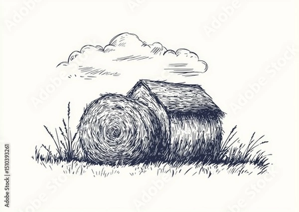 Fototapeta Unique hand-drawn style highlights the beauty of isolated haystacks on a farm.