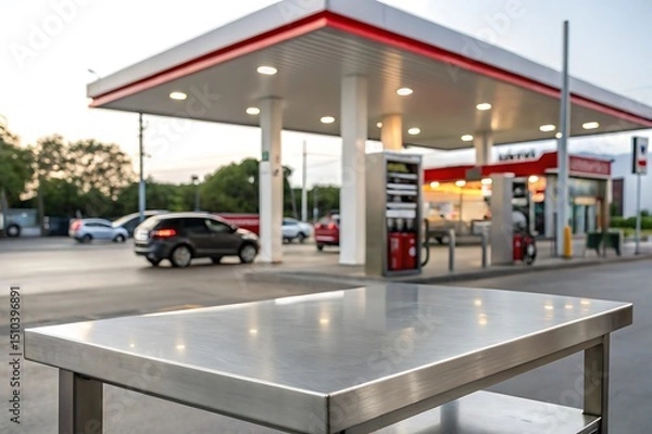 Fototapeta Stainless steel tabletop in focus with blurred gas station background. Ideal for showcasing products, fuel industry themes, automotive concepts, or transportation-related commercial displays.

