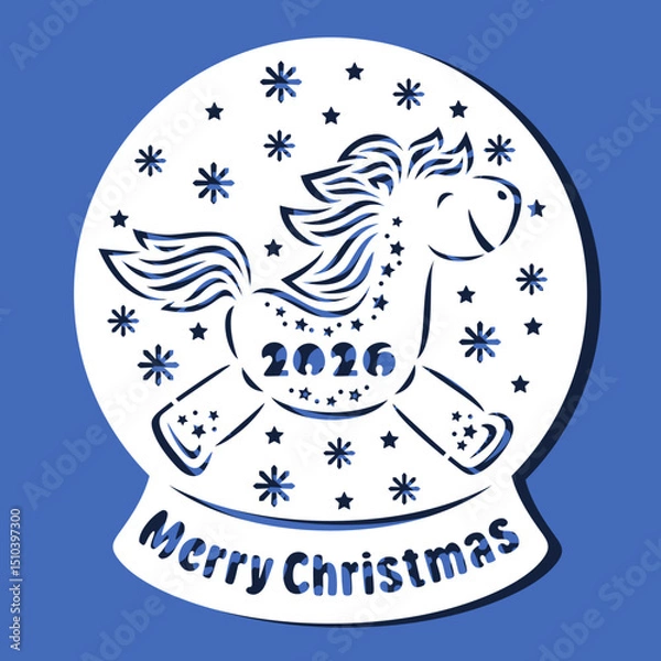 Fototapeta Snow globe with funny horse, snowflakes, Merry Christmas. Cute symbol of the Chinese New Year 2026. Vector template for plotter laser cutting of paper, fretwork, wood carving, metal engraving, cnc.