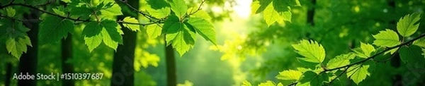 Fototapeta Lush green foliage, vibrant leaves, sunlight filtering through trees, creating a serene natural scene Perfect for nature, spring, summer, environmental themes , woods, texture, sunlight