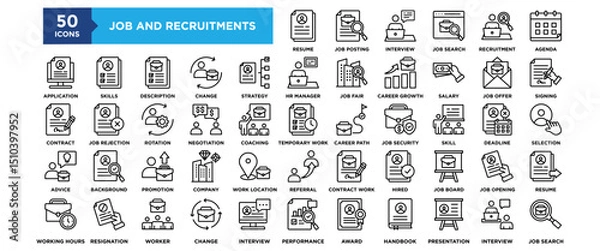 Fototapeta 50 Job Recruitment icon set. Containing design career, job, employee, recruitment, business, interview, hiring	