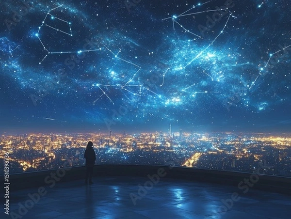 Fototapeta A Cosmic Reflection: Contemplating the Universe Above the City Lights, Where the Celestial Heavens Mirror the Urban Sprawl, Unveiling Infinity and Connection.