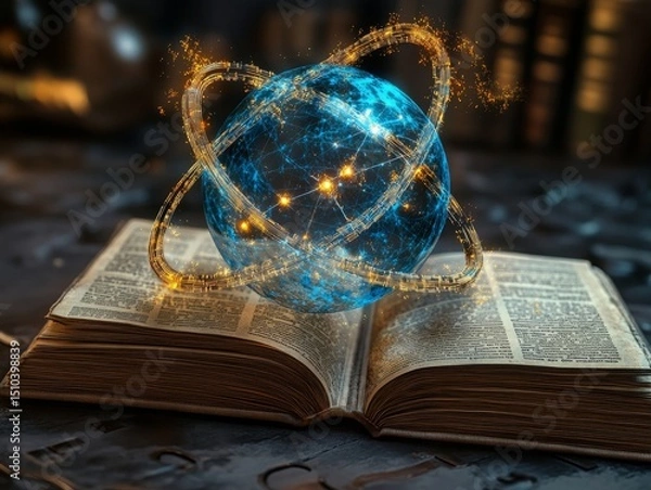 Obraz Ancient Knowledge Network: Global Connection Emerging from the Depths of a Timeworn Book, Symbolizing the Interconnectedness of Learning and the Expanding Frontiers of Knowledge.