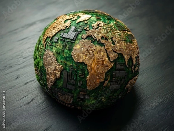 Fototapeta Circuit Board Earth Globe: A Detailed Depiction of Interconnected Global Technology with Intricate Gold and Green Texture on a Textured Surface.