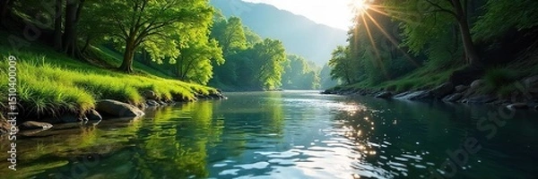 Fototapeta Serene river flows smoothly through a lush green valley, sunlight dappling the water's surface; a tranquil natural scene of effortless movement , dappled, smooth, wilderness
